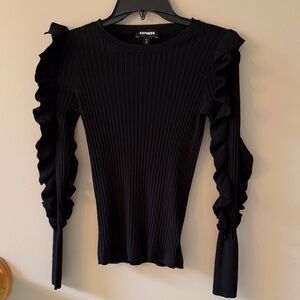 Express Black Ribbed Long-Sleeve Top with Ruffle Sleeves